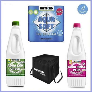 Thetford Green Starter Pack környezetbarát kemping WC szett: fenyőillatú Aqua Kem Green, Aqua Soft WC-papír és Aqua Rinse öblítő.