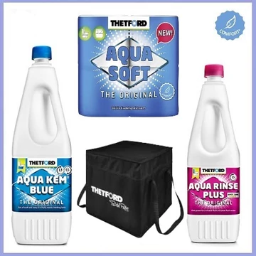 Thetford Starter Pack kemping WC kezdőcsomag: Aqua Kem Blue lebontószer, Aqua Soft WC-papír és Aqua Rinse öblítőfolyadék