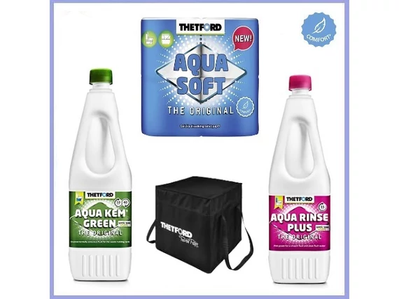 Thetford Green Starter Pack környezetbarát kemping WC szett: fenyőillatú Aqua Kem Green, Aqua Soft WC-papír és Aqua Rinse öblítő.