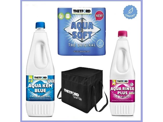 Thetford Starter Pack kemping WC kezdőcsomag: Aqua Kem Blue lebontószer, Aqua Soft WC-papír és Aqua Rinse öblítőfolyadék